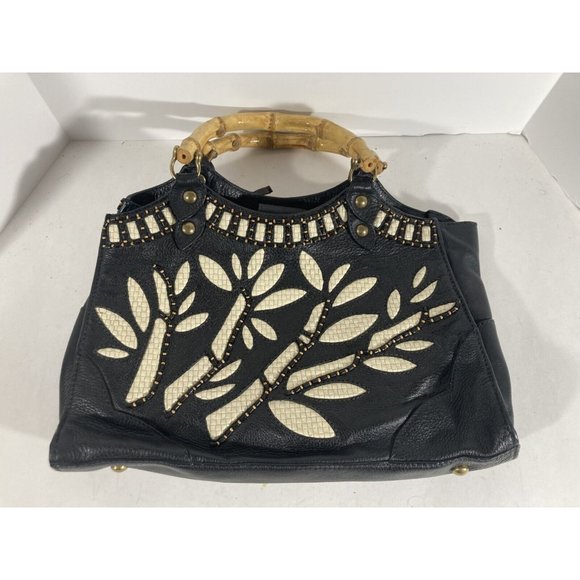 Isabella Fiore Black Beaded & Woven Leather Clutch Handbag With Wooden Handles - Picture 1 of 6